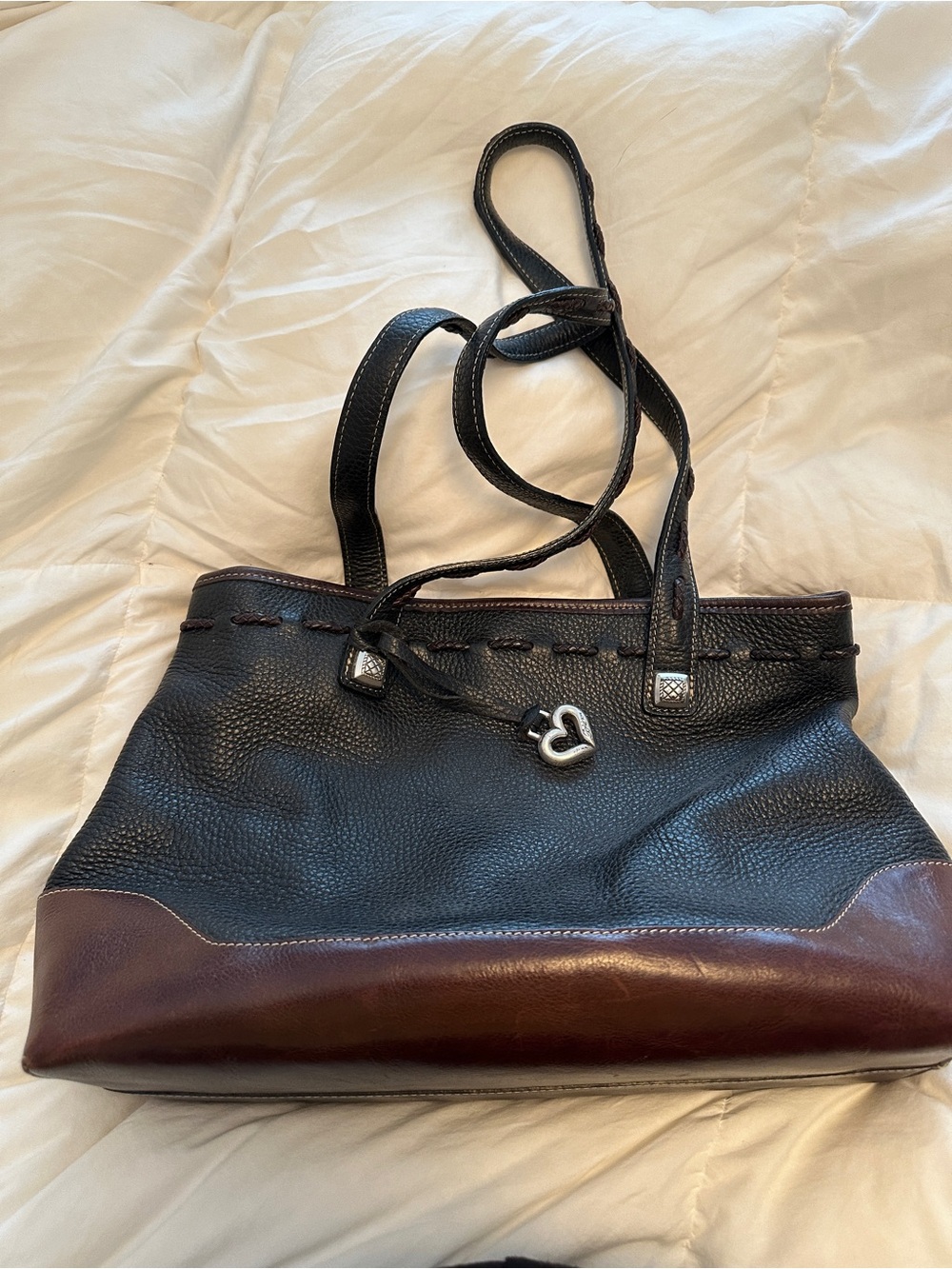 Brighton Black and Brown Two-Tone Leather Tote with Heart Charm